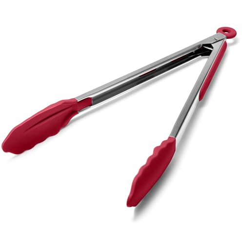 Kitchen Tongs with Silicone Tips for Cooking Serving (12in / Red)