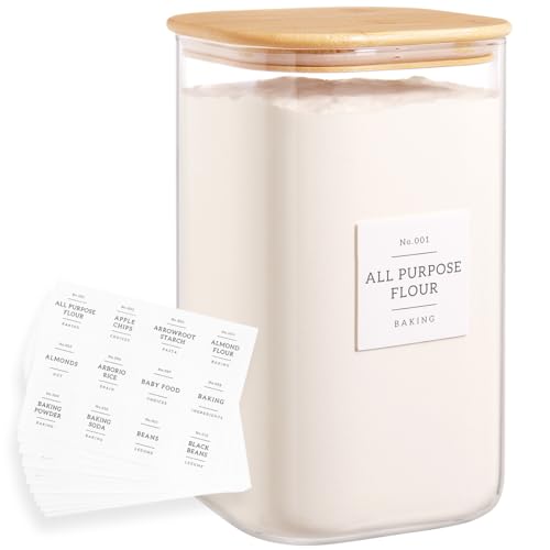 Large glass flour and sugar containers with 132 Kitchen Pantry Labels (138OZ)