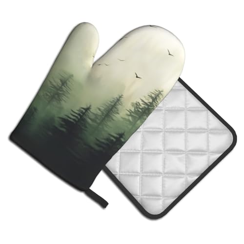 Green Misty Forest Oven Mitts and Pot Holder Set of 2 Mountain Woodland Heat Resistant Kitchen Gloves Hot Pad for Baking Cooking Microwave (Green Forest)