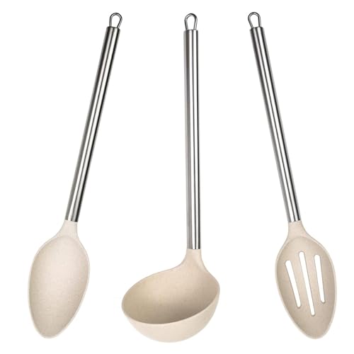 3pc Wheat Straw Spoons and Ladle Set Cooking Baking Kitchen Utensils (Cream / 3 Piece Set)