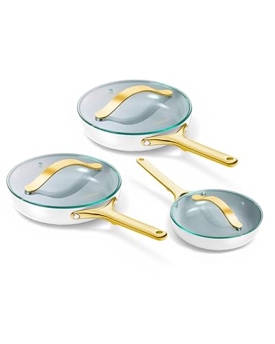 Ceramic Non Stick Fry Pan Set with Glass Lids (2x 10.5 IN & 1x 8 IN / White)