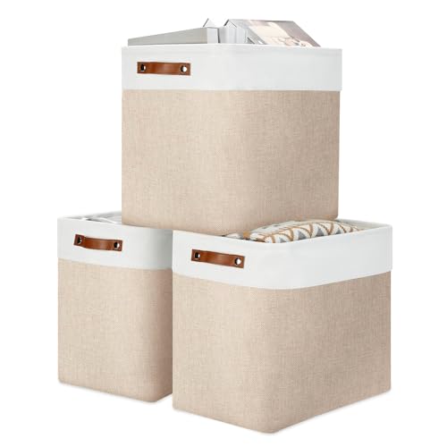 Large Storage Baskets for Organizing (White&Khaki / XXL-17"x12"x15")