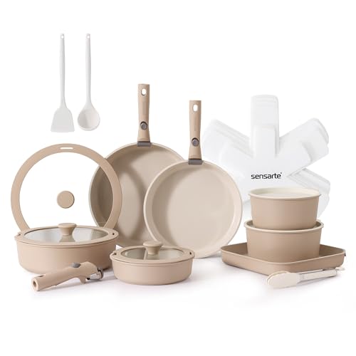24 Piece Ceramic Detachable Handle Pots and Pans Set Almond Beige (Almond Beige / 24 Piece)