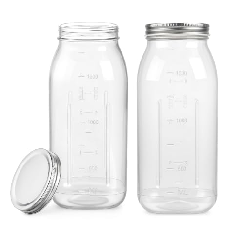 64 oz Large Plastic Mason Jars with Airtight Lids Wide Mouth (2 Pack Silver)