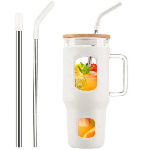 Glass Tumbler with Straw and Lid (White / 32 Ounces)