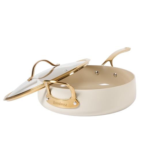 Non Stick Frying Pan (Almond Cream w/ Gold Handle / Saute Pan w/ Lid (6-Quart))
