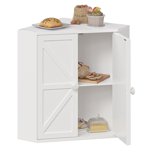 Corner Bread Box for Kitchen Counter Double Layer Bamboo Bread Storage Container Large Capacity Bread Storage Bin Farmhouse Breadbox Organizer (White)