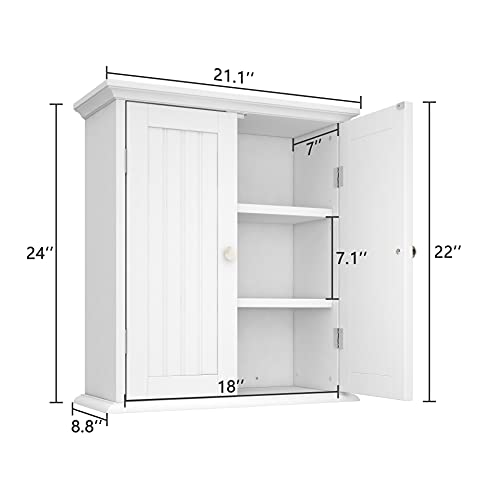 Bathroom Wall Cabinet with 2 Doors (White / 8.8"D x 21.1"W x 24"H)