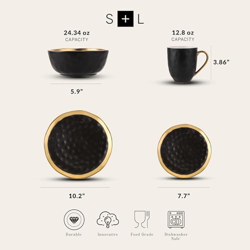 Florian Modern Porcelain 16 Piece Dinnerware Set (16-Pieces Service for 4 / Black with Gold Rim)