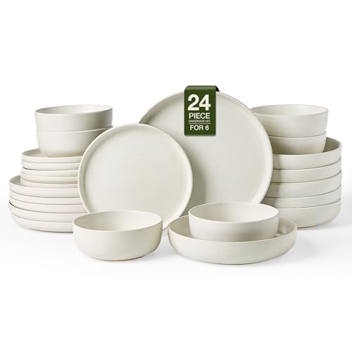 Milkyway 24 Piece Stoneware Dinnerware Set with Pasta Bowls (Matte Beige White / Service for 6 (Include Pasta Bowls))