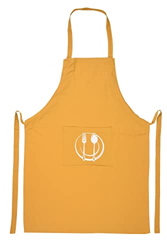Unisex Cotton Apron With Printed Pocket Yellow 24x36 (Mustard)