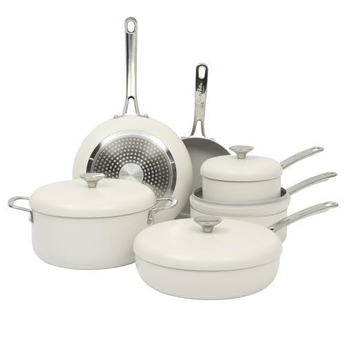Kitchen Essentials Potluck Porch 10 Piece PFA Free Ceramic Non stick Interior Forged Aluminum Cookware Pots and Pans Set W (10-Piece Cookware Set / Linen White)