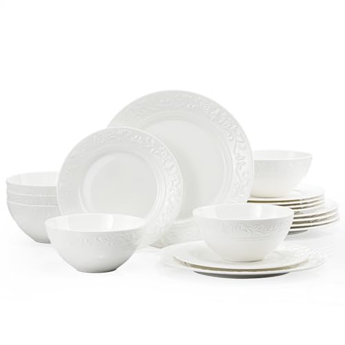 18Pcs Vintage Relief White Bone China Set (White-Retro Embossed / service for 6-18pcs)
