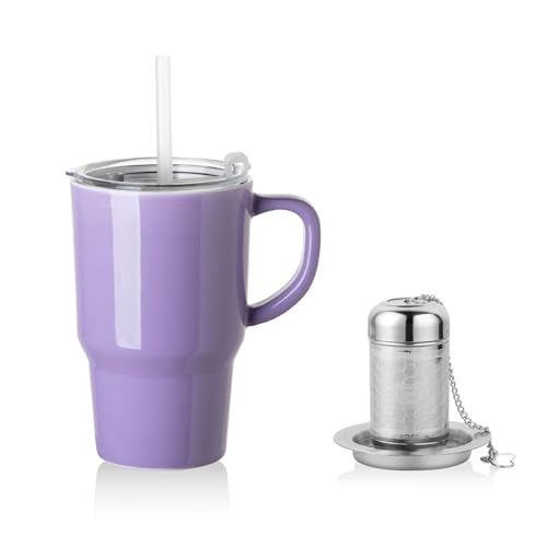 Sweejar Ceramic Tea Cup with Lid (Purple / Travel Cup(16 Fl Oz))