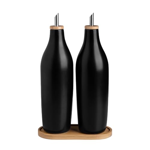 Sweejar Matte Ceramic Olive Oil Dispenser Bottles with Bamboo Tray (Black & Tary / 17 Oz (Pack of 2))