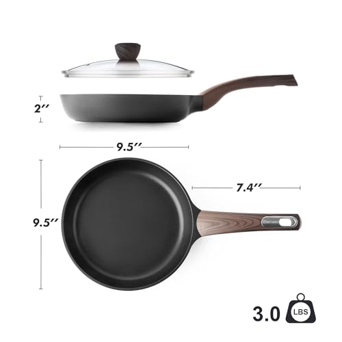 9.5inch Nonstick Frying Pan Paella Pan with Lid (9.5 Inch / NIGHT Black)