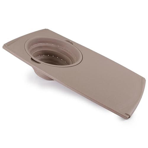 Over the Sink PolyFiber Flax Cutting Board with Collapsible Colander Strainer (Taupe)