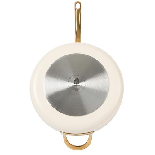 Non Stick Frying Pan (Almond Cream w/ Gold Handle / Saute Pan w/ Lid (6-Quart))