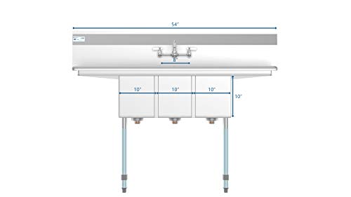 3 Compartment Stainless Steel NSF Commercial Kitchen Sink with Faucet and Cross braced Legs (2 Drainboards W/ Faucet)