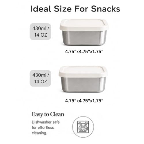 Flexibento Stainless Steel Snack Container Set with Silicone Lids (A-Vanilla Set of Two: 2*14 OZ)