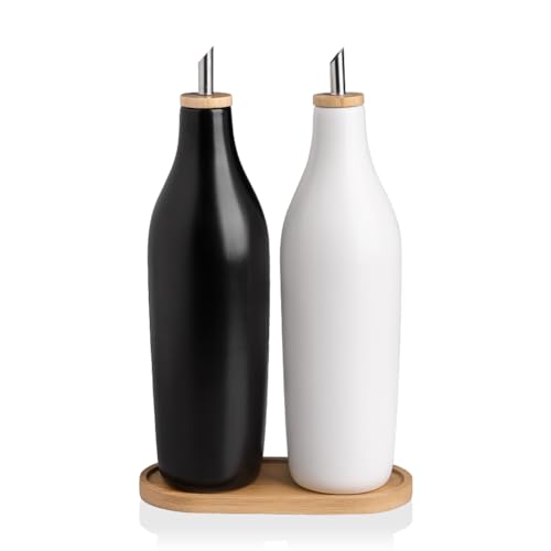 Sweejar Matte Ceramic Olive Oil Dispenser Bottles with Bamboo Tray (Black White & Tary / 17 Oz (Pack of 2))