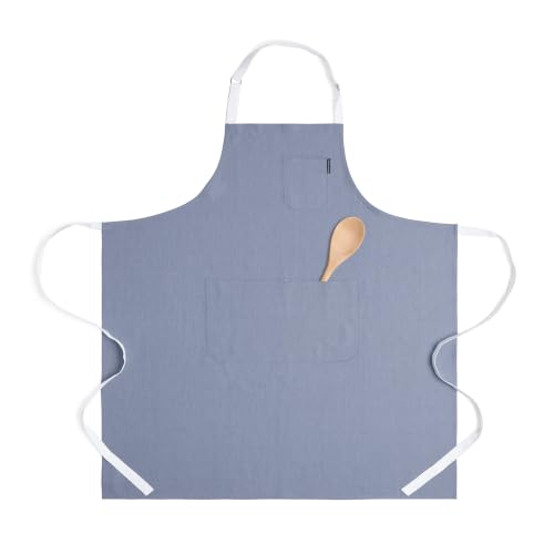 100% Pure Linen Apron (Dusty Blue / White / 39.5 X 37 Inch)