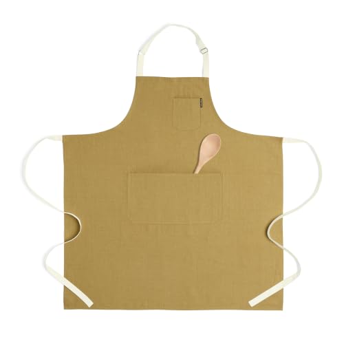 100% Pure Linen Kitchen Apron (Mustard Gold / Ivory / 39.5 X 37 Inch)