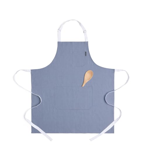 100% Pure Linen Apron (Dusty Blue / White / 33 X 30 Inch)