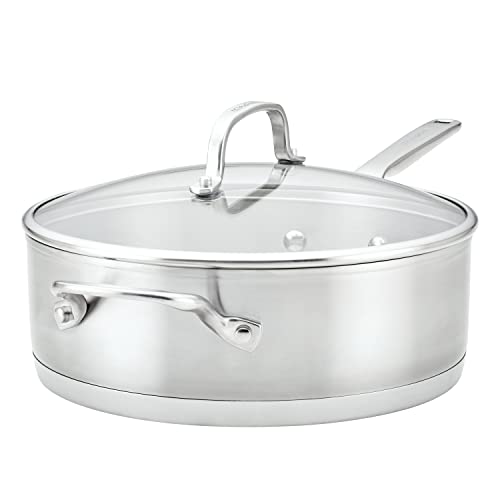 71027 3 Ply Base Brushed Stainless Steel Deep Saute Pan with Helper Handle and Lid (Brushed Stainless Steel / 4.5 Quart)