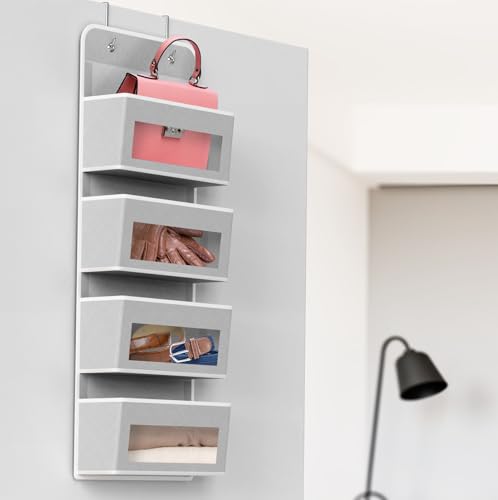 4 Clear Window Pocket Over Door Hanging Organizer (4 Pockets / Gray)