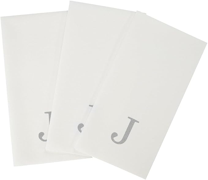 Luxenap 15.8 X 7.9 Inch Linen-Feel Guest Towels, 50 Lettered Hand Towels - Silver Letter 'J', Sans Serif Font, White Paper Dinner Napkins, airlaid, For Restrooms And Tables - Restaurantware