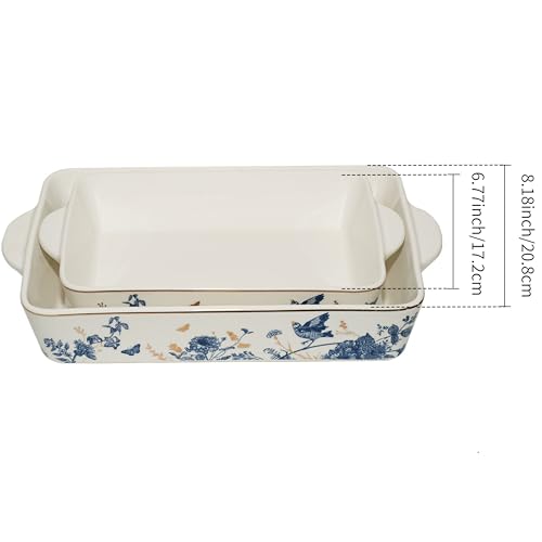 Baking Pans Set of 2 Blue flower 14 inch Ceramic for Oven Large Casserole Baking Dish Set with Handles Porcelain Bakeware Sets Casserole Dish for Oven