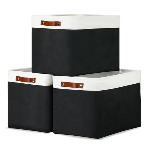 Large Storage Baskets Fabric Storage Bins (White&Black / XL-16"x 12"x12")