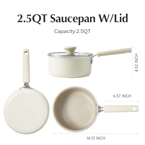 Ceramic Nonstick Saucepan with Lid (2.5 Quarts / Cream)