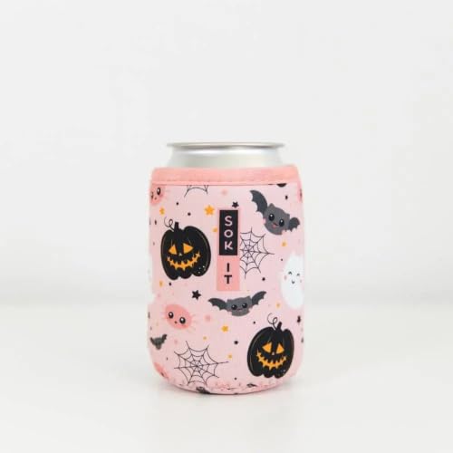 CanSok Sleeve for Beer & Soda Insulated Neoprene Cover (Spooky in Pink / 12oz Can Sleeve)