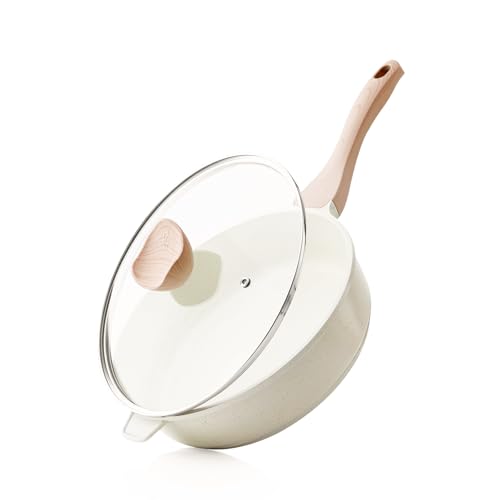 Nonstick Ceramic Deep Frying Pan Skillet with Lid (Cream Ceramic / 10 Inch)