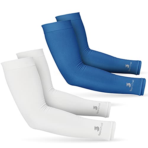 Cooling Arm Sleeves for Men & Women (2 Pairs: 1 Pair White + 1 Pair Dark Blue / One Size)