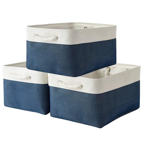 Collapsible Storage Bin for Shelves (White & Blue / 3PCS/Large - 15.7Lx11.8Wx8.3H)