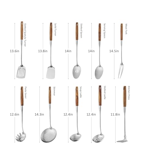 10 Pcs Cooking Utensils Set 304 Stainlss Steel Kitchen Utensils Set Heat Resistant Wooden Handle Kitchen Tools Metal Kitchen Utensil Soup Ladle Set (Wooden Handle-10 Pcs)