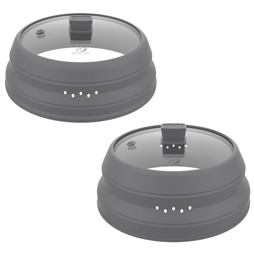 2 Pack Microwave Splatter Cover Glass Guard Lid with Collapsible Silicone for Food Pot Plate 8.5 inch and 9.8 inch Grey (LIGHT GREY / Taller style 8.5 inch+common style 9.8")