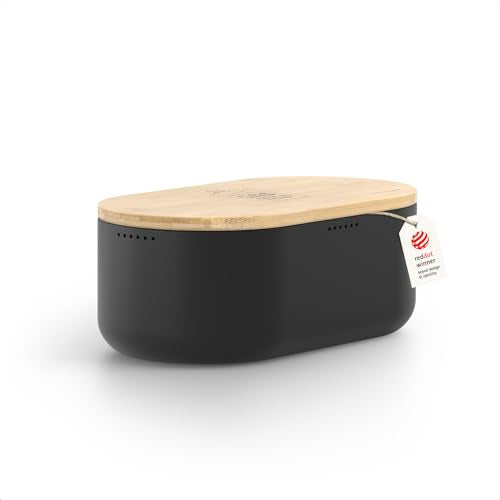 Bread Box I Metal Box for long lasting freshness I Bread Bin with bamboo lid usable as cutting board I 13.8x7.7x5.3 In