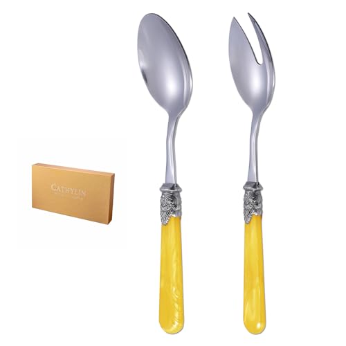 2 piece Salad Servers Stainless Steel Salad Serving Set Salad Fork and Spoon (Yellow)