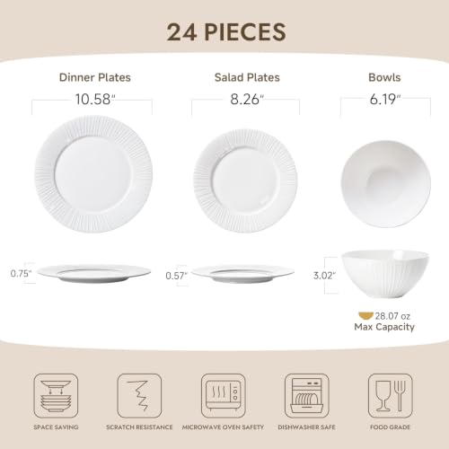 24Pc Textured White Bone China Set Service for 8 (White-striped / service for 8-24pcs)