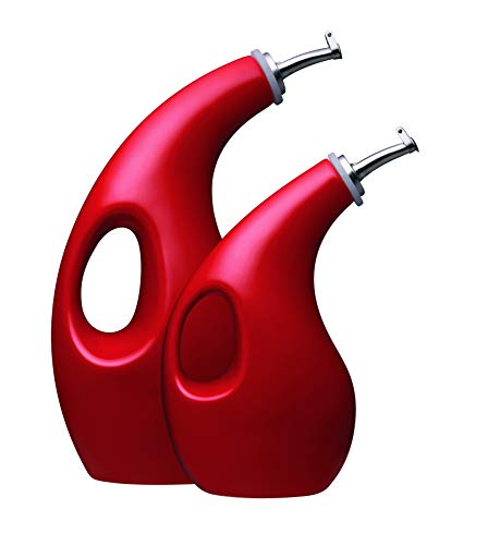 Solid Glaze Ceramics EVOO Olive Oil Bottle Dispenser with Spout Set (Red / 2 Piece (24 oz, 13 oz))