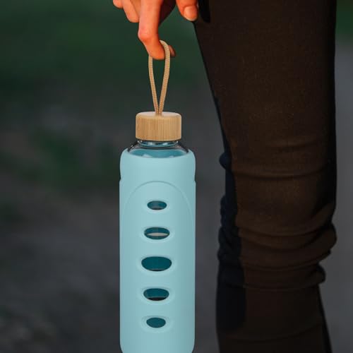 32 oz Narrow Mouth Glass Water Bottle with Windowed Silicone Sleeve (Cyan)
