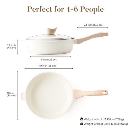 Nonstick Ceramic Deep Frying Pan Skillet with Lid (Cream Ceramic / 10 Inch)