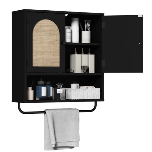 Rattan Bathroom Wall Cabinet (Black / 2 Doors)
