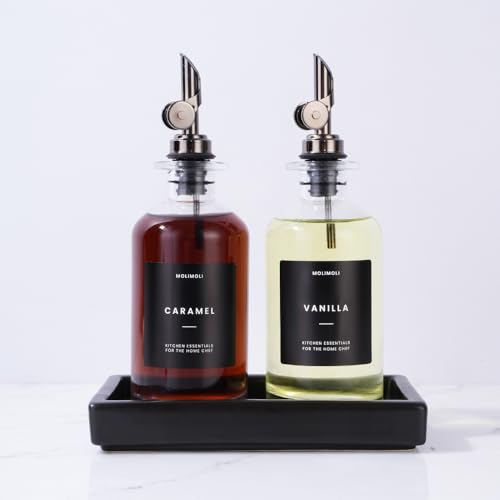 Oil and Vinegar Dispenser with Metal Pour Spout (350ml, Set of 2 Bottles + Tray / Black)
