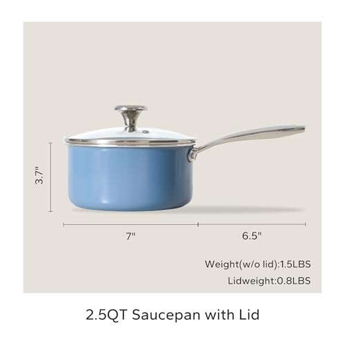 Nonstick Ceramic Sauce Pan with Lid (Blue / 2.5 Quarts)