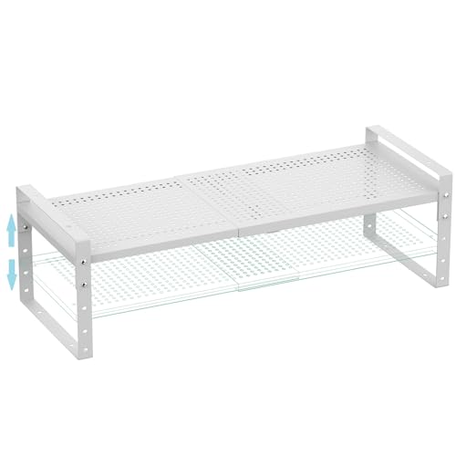 Expandable Shoe Rack Stackable Metal Pantry Storage Shelves Stand Adjustable Height Cabinet Shelf Organizer Racks Spice Shelving (White / 1PACK/WHITE/MEDIUM)